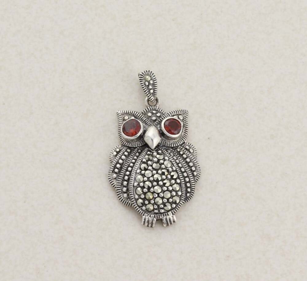 Pendant Only Sterling Silver Natural Garnet Marcasite Owl Pendant 1 1/4" x 3/4" - Picture 1 of 7